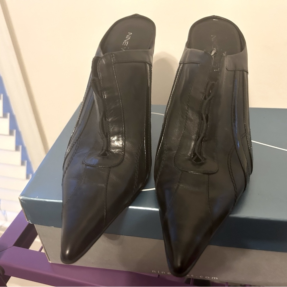 Black Pointed-Toe Leather Mule Heels